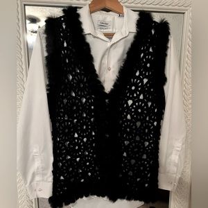 Josephine Chaus Crochet Knit Black Fur Lined Vest Size Medium